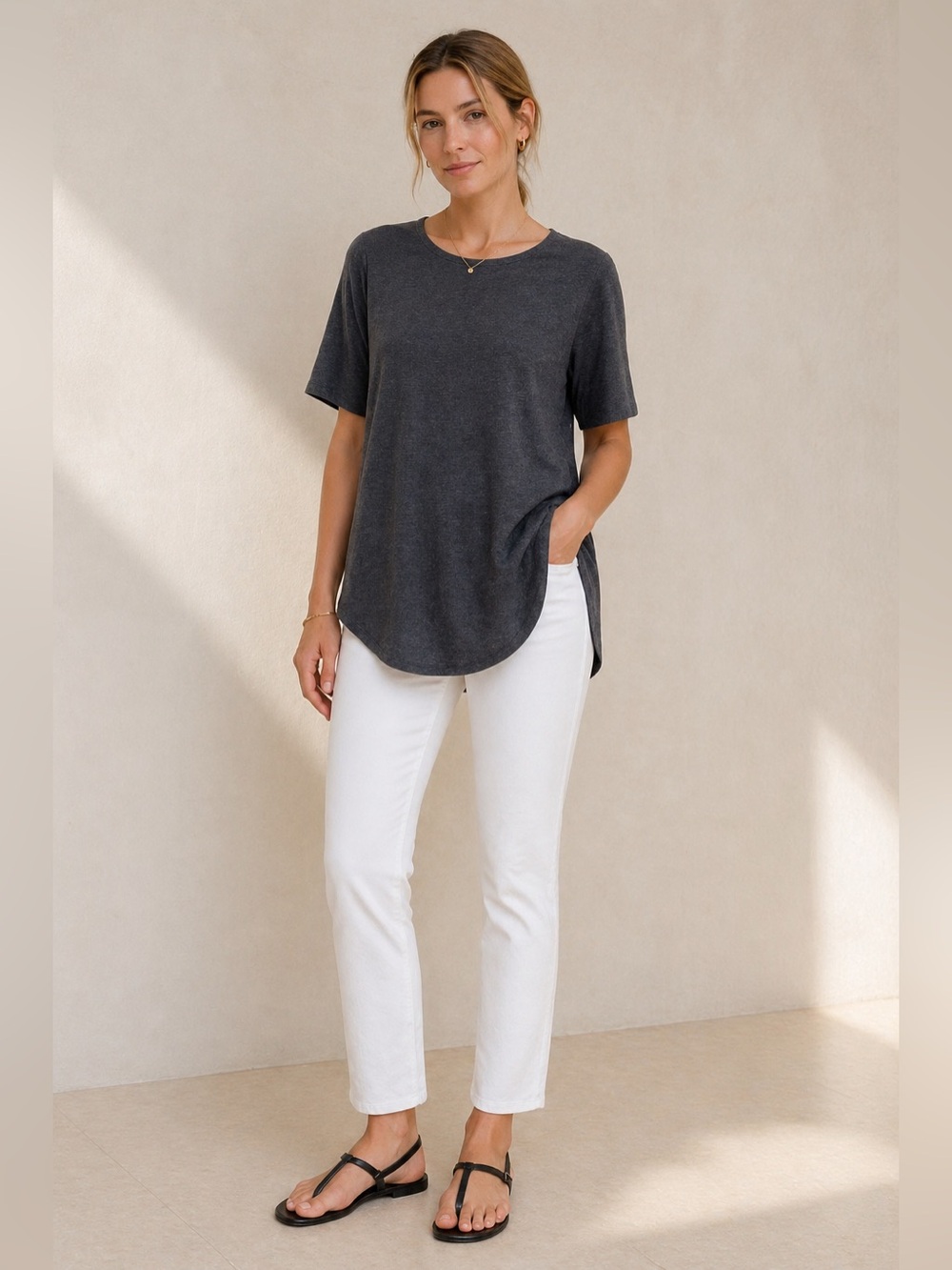 Eileen Fisher Stretch Jersey Tunic Tee Gray High Low Top Medium - Picture 4 of 10